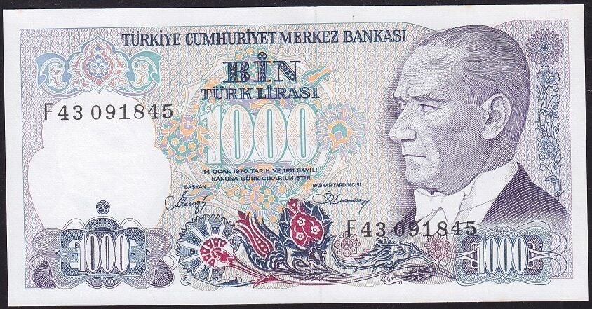 7.Emisyon 2.Tertip 1000 Lira F43 091845 Çilaltı Çil