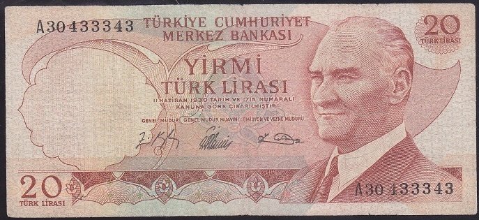 6.EMİSYON 1.TERTİP 20 LİRA A30 433343 İYİ