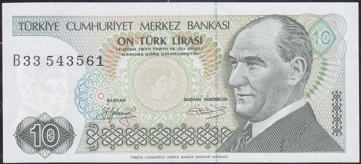 7.Emisyon 1.Tertip 10 Lira B33 543561 Çok Çok Temiz + Kısa Kaş