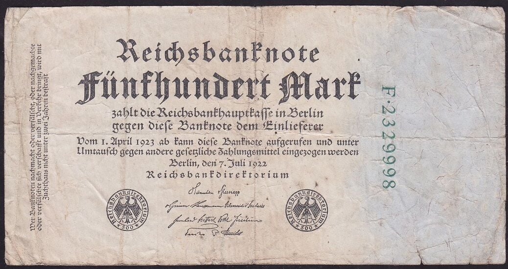 Almanya 500 Mark 1922 Temiz