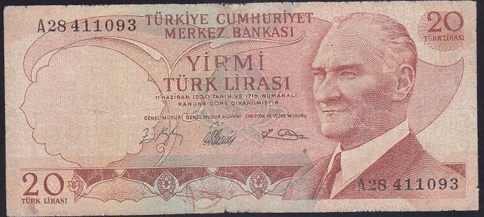 6.EMİSYON 1.TERTİP 20 LİRA A28 411093 HALİYLE eski kağıt para değerleri