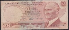 6.EMİSYON 1.TERTİP 20 LİRA A28 411093 HALİYLE eski kağıt para değerleri