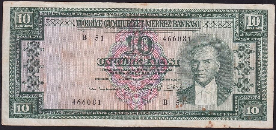 5.Emisyon 6.Tertip 10 Lira B51 466081 Çok Temiz