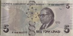 9.Emisyon 6.Tertip 5 Lira F168 993777 Çilaltı Çil