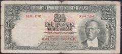 2.Emisyon 2.5 Lira C10 094794 Haliyle ( Bant Kullanılmış)