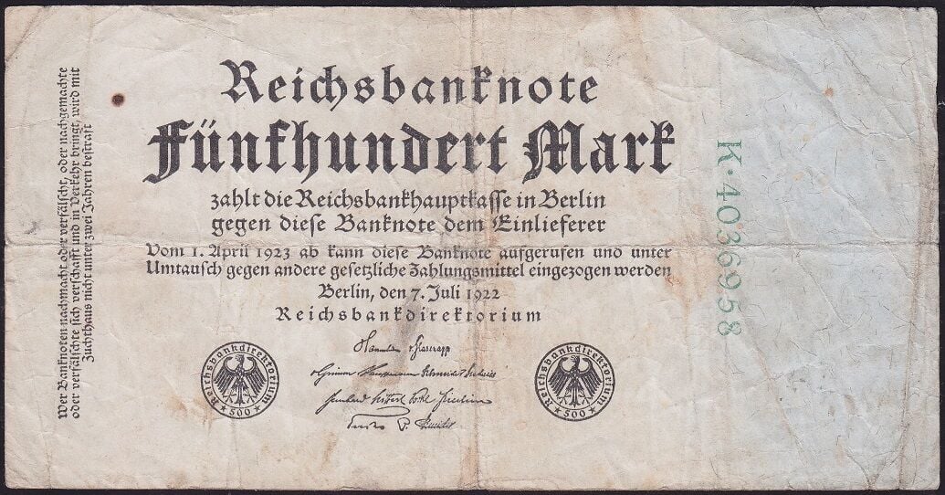 Almanya 500 Mark 1922 Çok Temiz