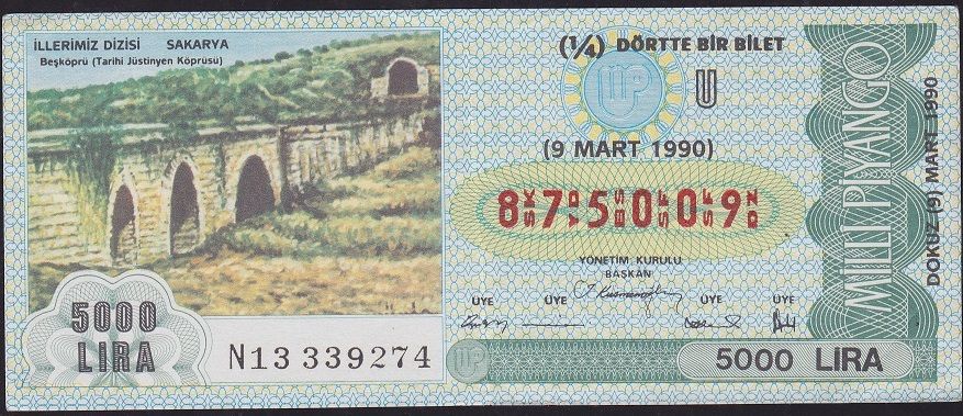 1990 9 Mart Çeyrek Bilet - U Serisi - Sakarya