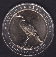 2019 Yılı 1 Kuruş Anadoluya Özgü Kuşlar YILANBOYUN KUŞU Çil Bimetal Göbek Sarı