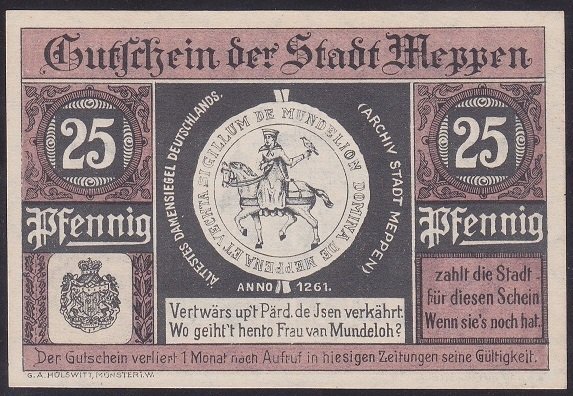 ALMANYA 25 PFENNİNG NOTGELD 1921 ÇİL
