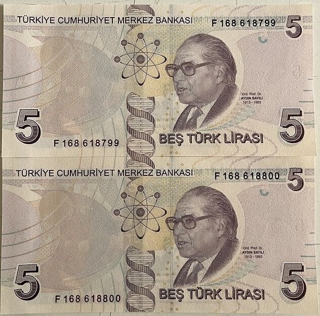 9.Emisyon 6.Tertip 5 Lira F168 618799-800 Seri Takipli Çil