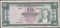 5.Emisyon 4.Tertip 10 Lira Z03 260638 Çok Temiz +