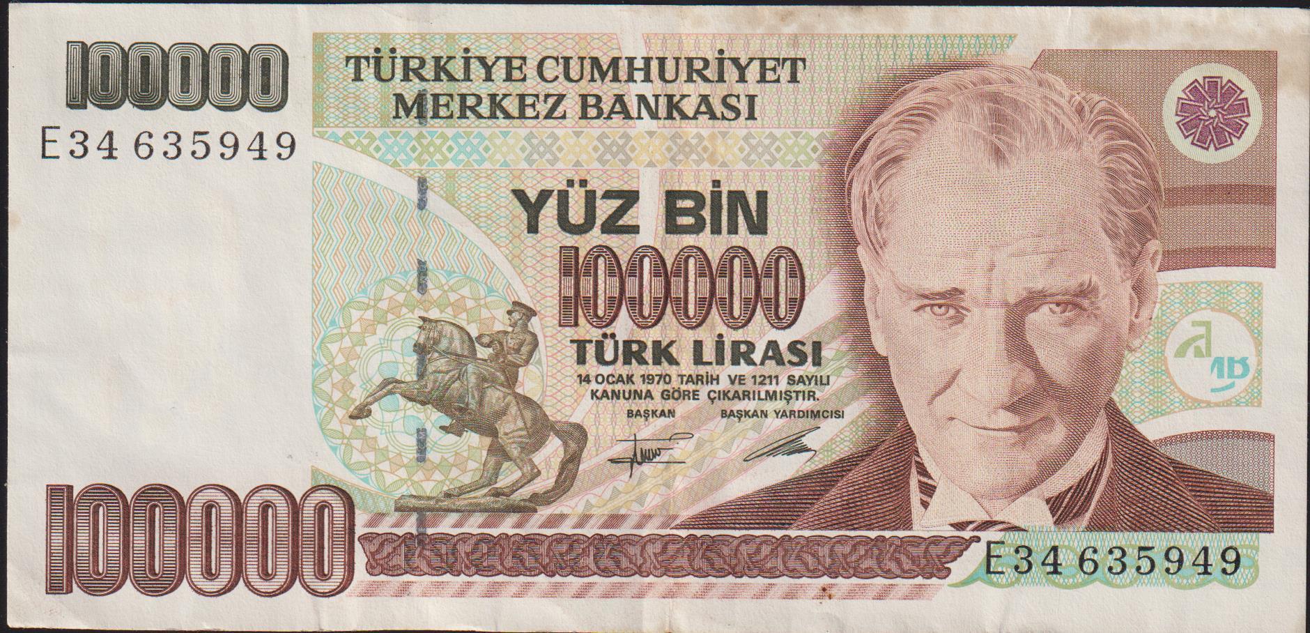 7.Emisyon 2.Tertip 100000 Lira E34 635949 Çok Temiz+