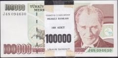 7.Emisyon 3.Tertip 100000 Lira J48 Deste (100 Adet) Çil ( 7 Adet Atlama Var )