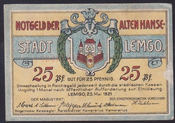 ALMANYA 25 PFENNİNG NOTGELD 1921 ÇOK TEMİZ