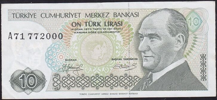 7.Emisyon 1.Tertip 10 Lira A71 772000 Çok Çok Temiz+ ( Kısa Kaş )