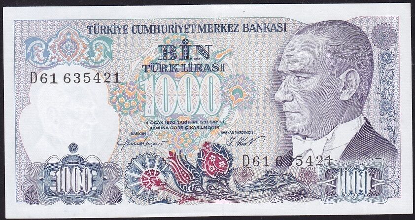 7.Emisyon 1.Tertip 1000 Lira D61 6354XX Çil