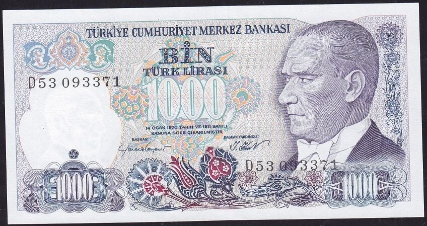 7.Emisyon 1.Tertip 1000 Lira D53 093371 Çil