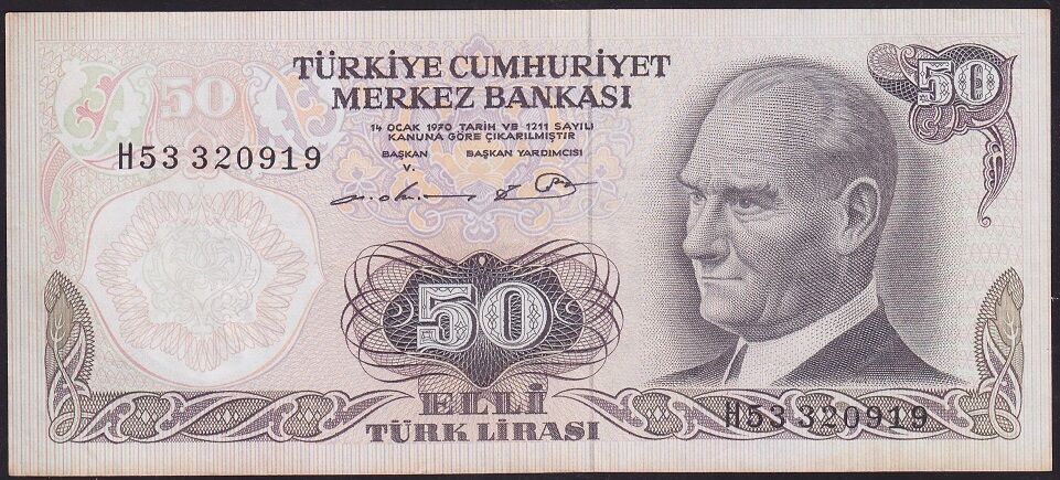 6.Emisyon 1.Tertip 50 Lira H53 320919 Çok Temiz+
