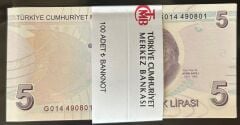 9.Emisyon 7.Tertip 5 Lira G014 490801 - 900 Çil Deste (100 Adet ) Tam Sıralı