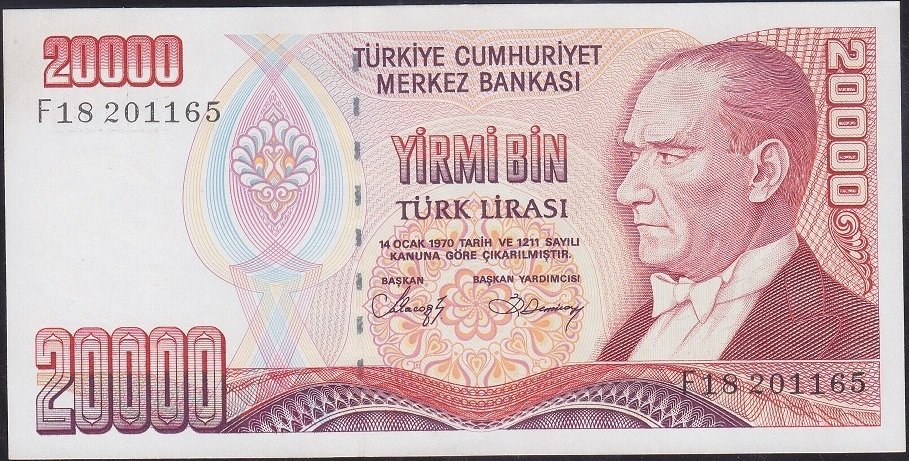7.Emisyon 1.Tertip 20000 Lira F18 201165 Çilaltı Çil ( bandrol baskı izi var )