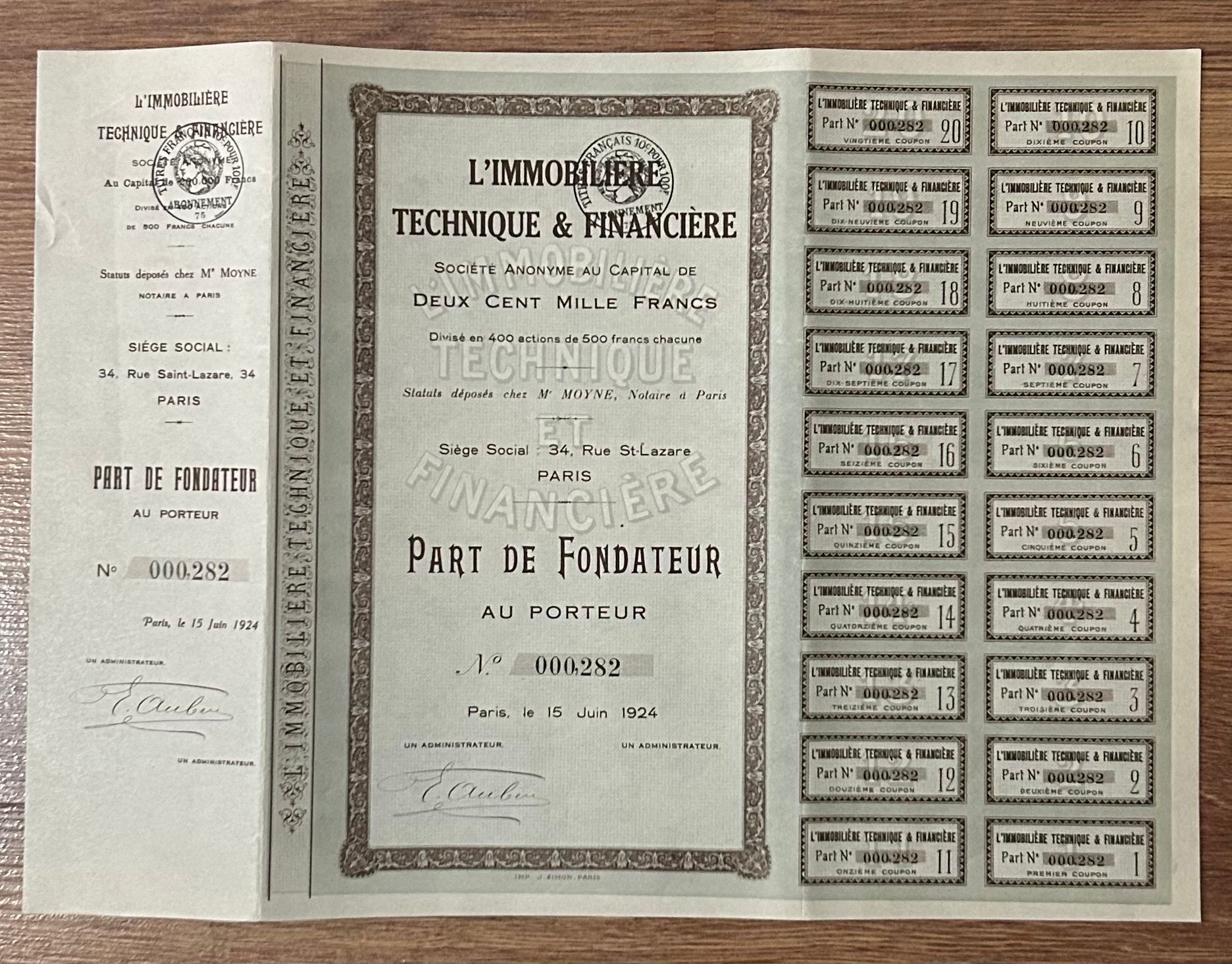 Hisse Senedi - Part de Fondateur 1924 ( 35 X 26 cm )