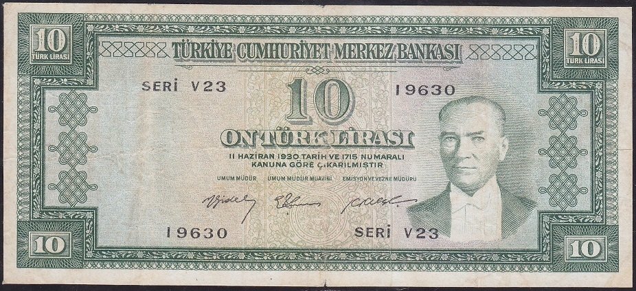 5.EMİSYON 3.TERTİP 10 LİRA V23 19630 TEMİZ ( İŞLEMLİ HALİYLE ) eski paralar nereye satılır