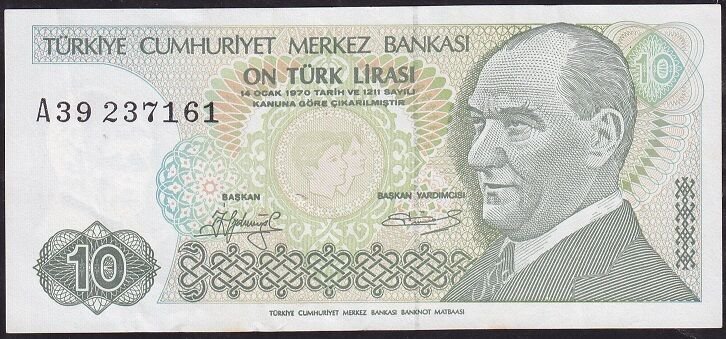 7.Emisyon 1.Tertip 10 Lira A39 237161 Çok Temiz+ ( Uzun Kaş )