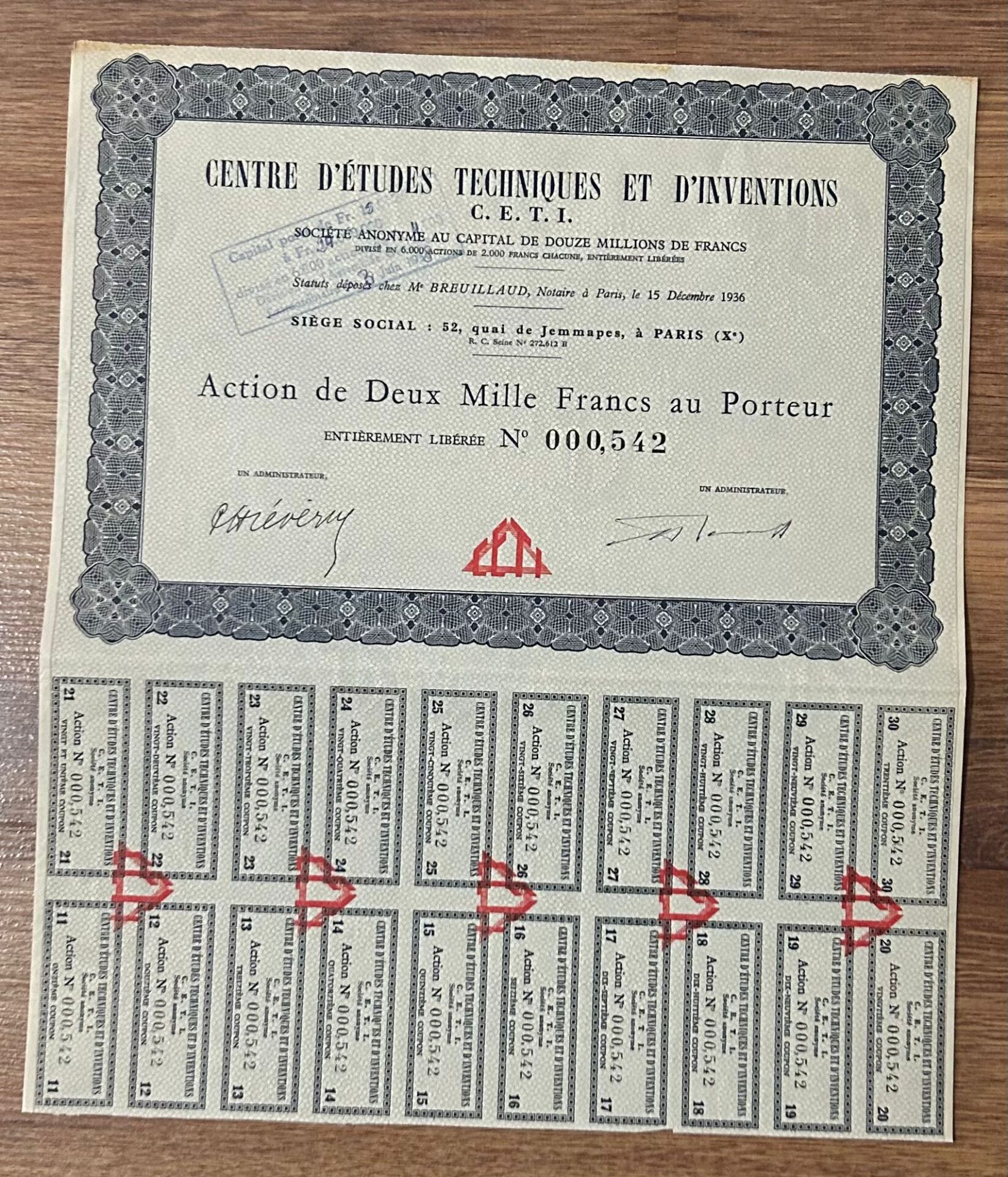 Hisse Senedi -Centre Detudes Techniques 1936 ( 36 X 31 cm )