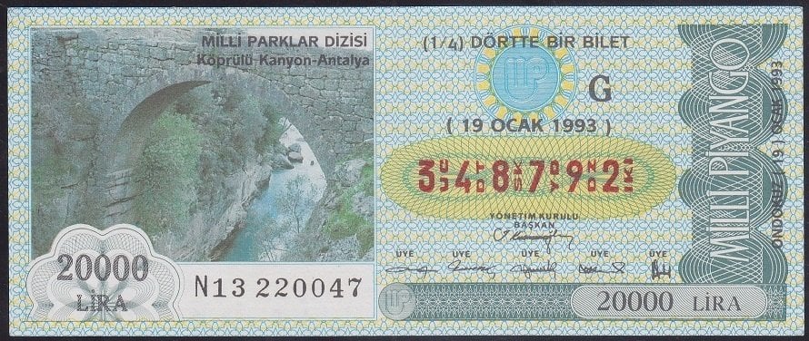 1993 19 OCAK ÇEYREK BİLET - G SERİSİ - Köprülü Kanyon Antalya
