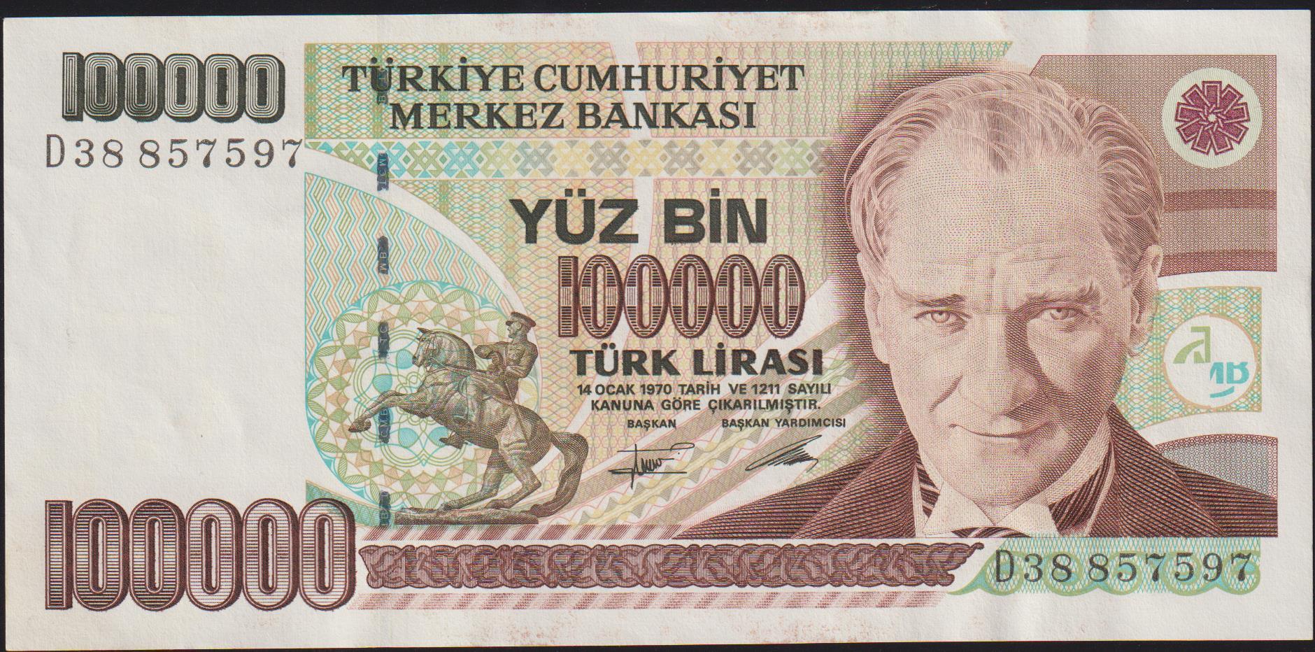 7.Emisyon 2.Tertip 100000 Lira D38 857597 Çilaltı ( Kat yok )