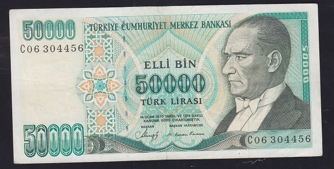 7.EMİSYON 1.TERTİP 50000 LİRA C06 304456 ÇOK TEMİZ +