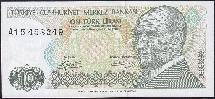 7.Emisyon 1.Tertip 10 Lira A15 458249 Çok Çok Temiz+ ( Uzun Kaş )