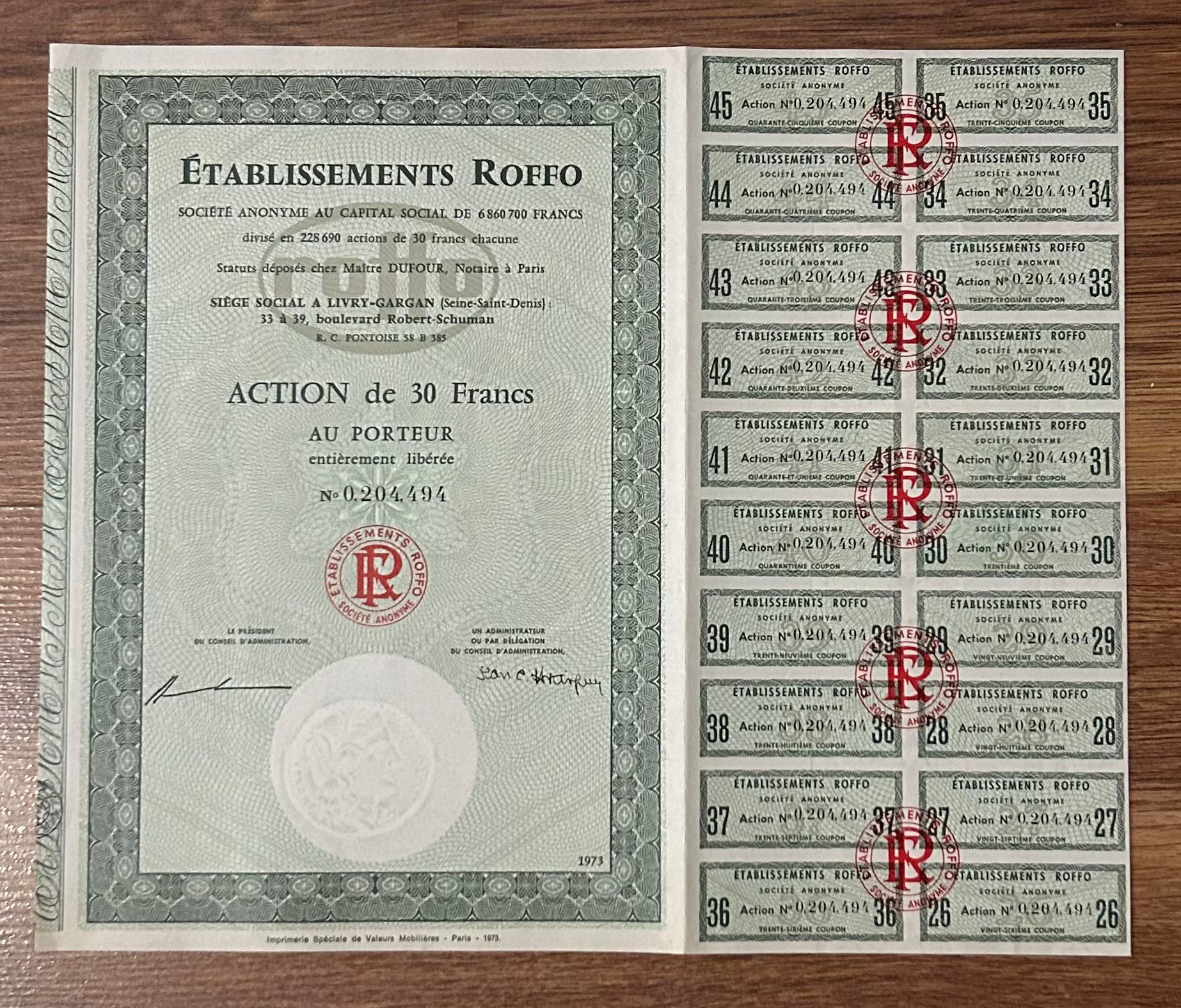 Hisse Senedi - Etablissements Roffo 1973 ( 33 X 27 cm )