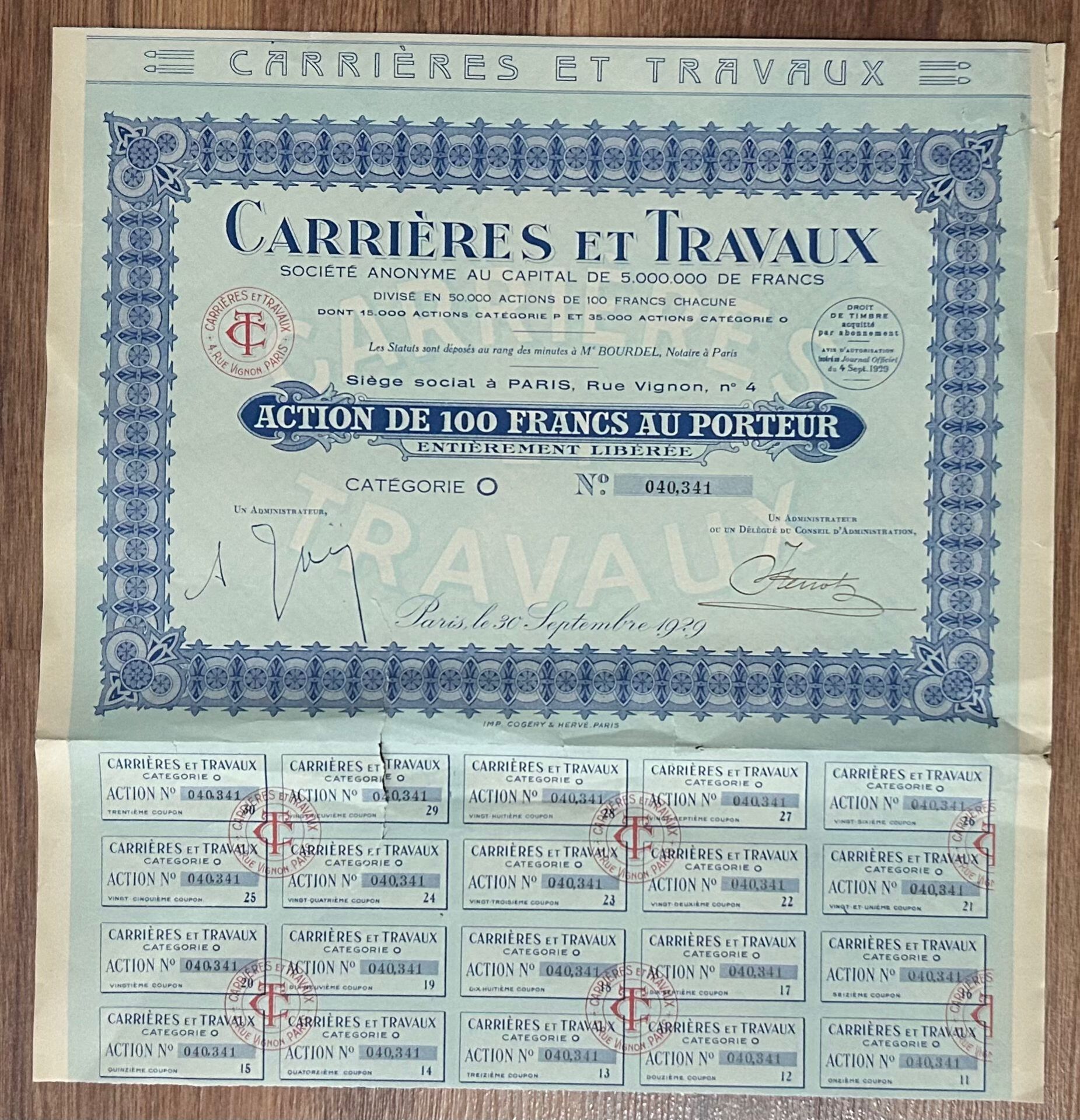 Hisse Senedi - CARTİERES ET TRAVAUX 1929 ( 31 X 32 cm )