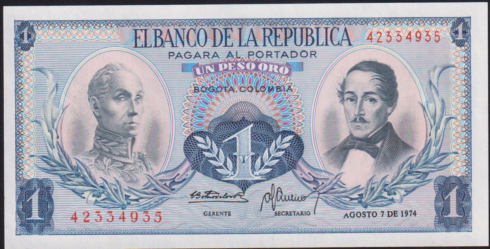 Kolombiya 1 Peso Oro 1974 Çil Pick 404e