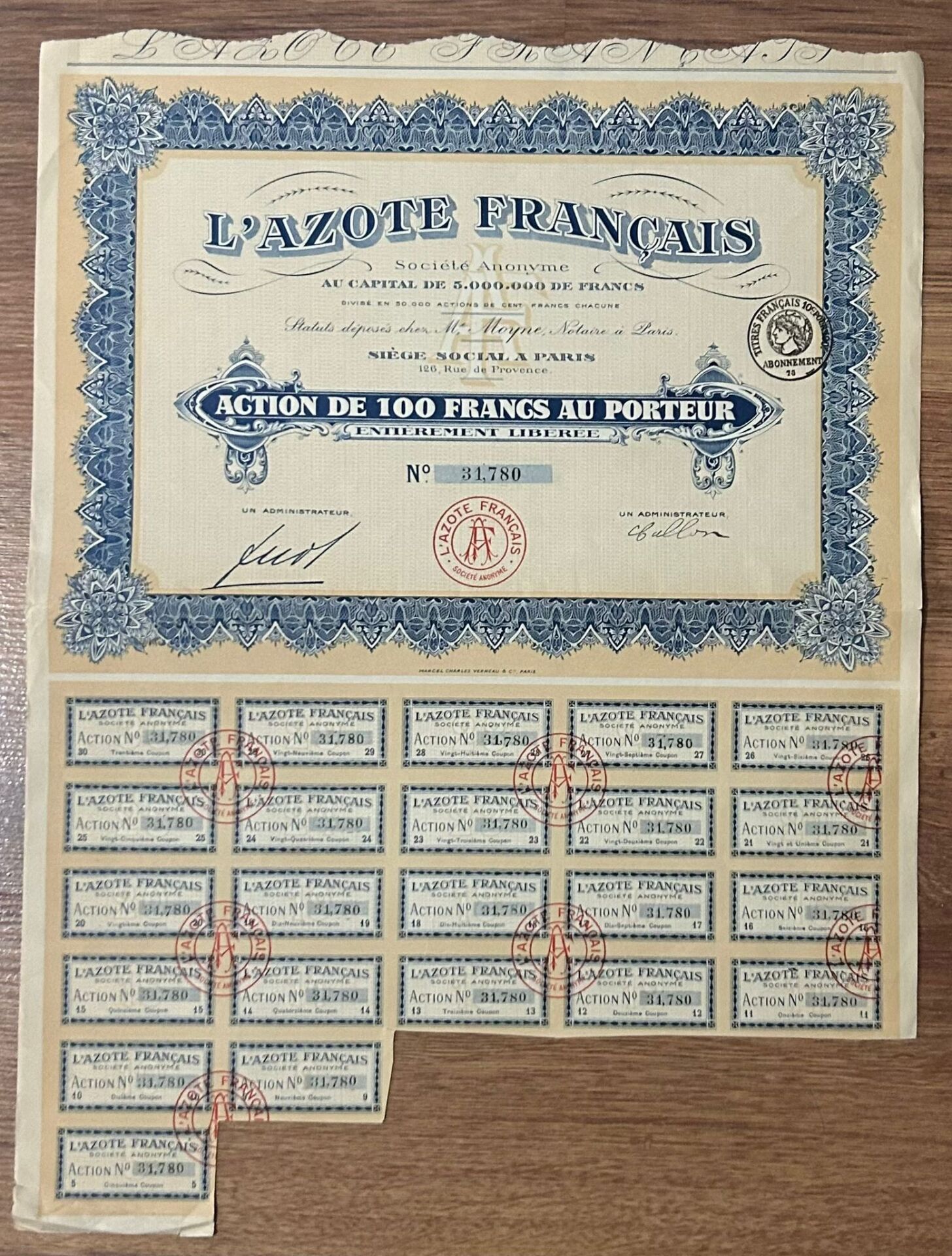 Hisse Senedi - L' Azote Français ( 42 X 31 cm )