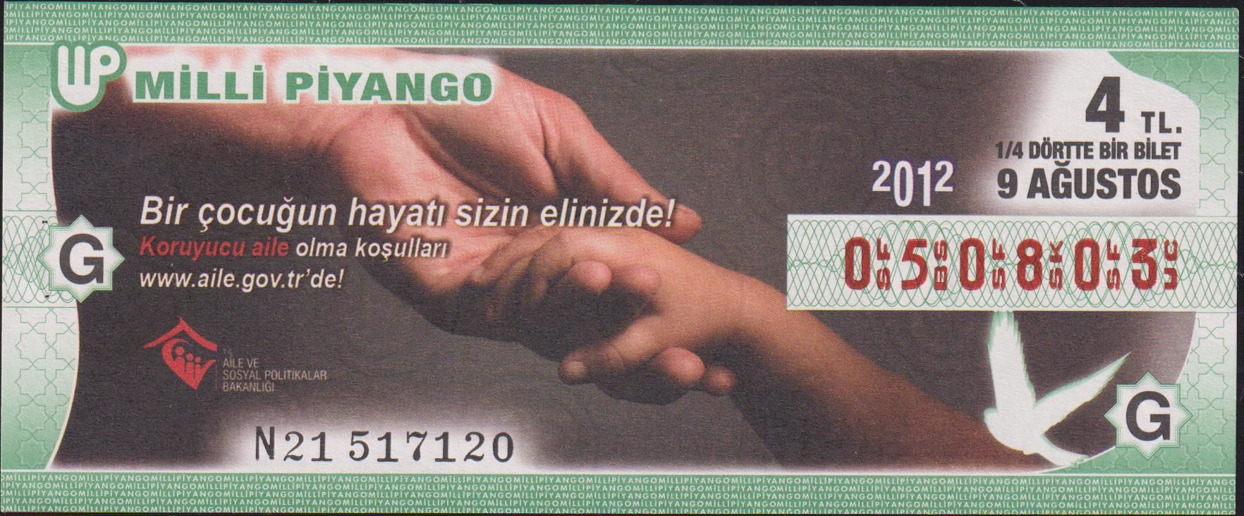 2012 9 Ağustos Çeyrek Bilet - G Serisi