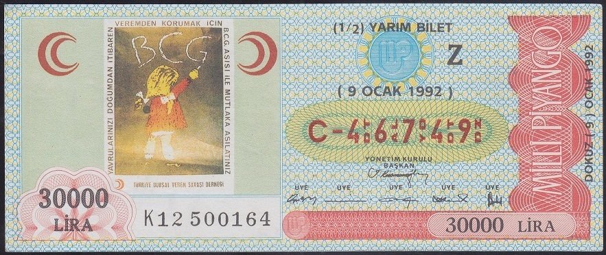 1992 9 OCAK YARIM BİLET - Z SERİSİ eski kağıt para değerleri
