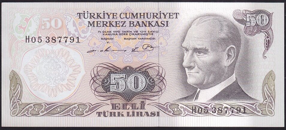 6.Emisyon 1.Tertip 50 Lira H05 387791 Çok Çok Temiz+