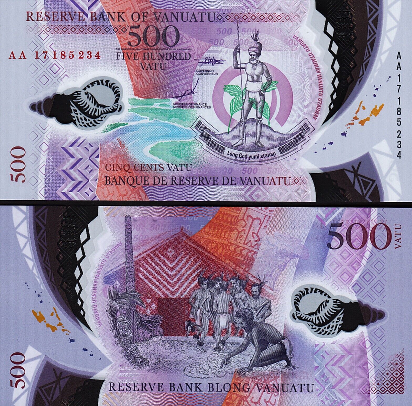Vanuatu 500 Vatu 2017 Çil Pick 18 Polimer AA