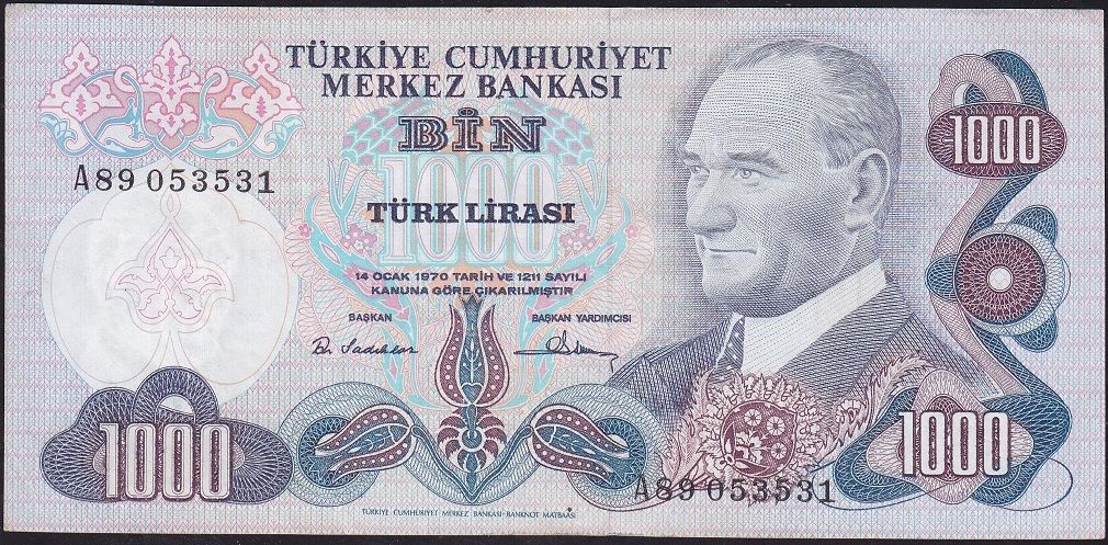 6.Emisyon 1.Tertip 1000 Lira A89 053531 Çok Çok Temiz