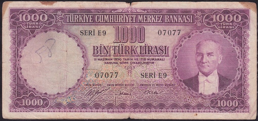 5.Emisyon 1.Tertip 1000 Lira E9 07077 Çok Temiz