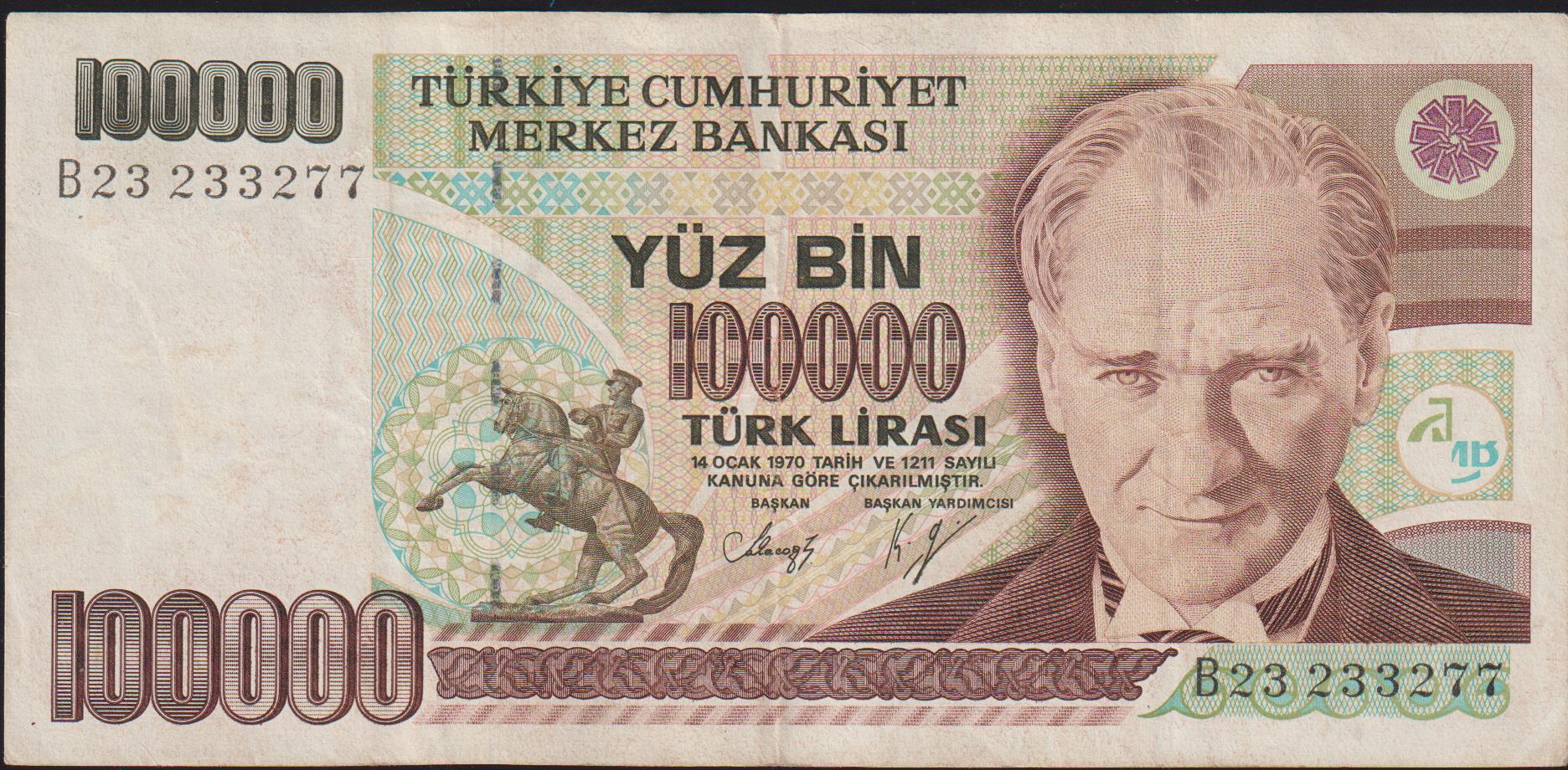 7.Emisyon 1.Tertip 100000 Lira B23 233277 Çok Temiz+