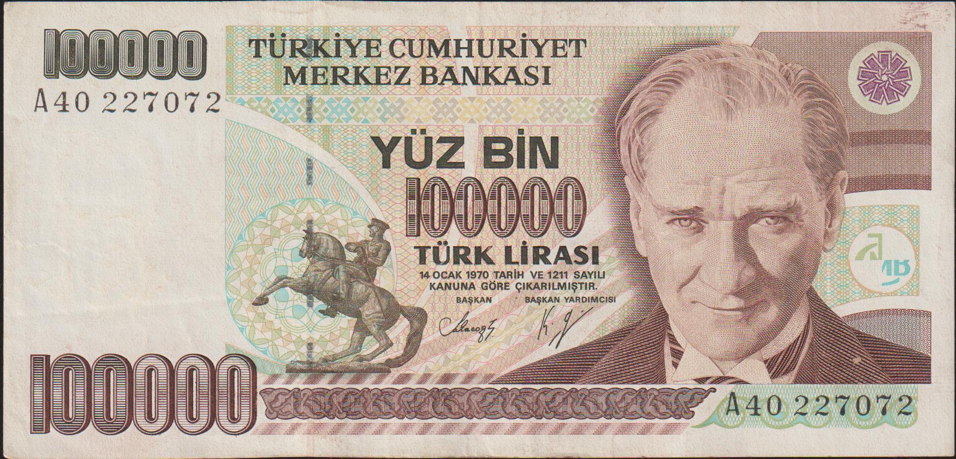 7.Emisyon 1.Tertip 100000 Lira A40 227072 Çok Temiz+
