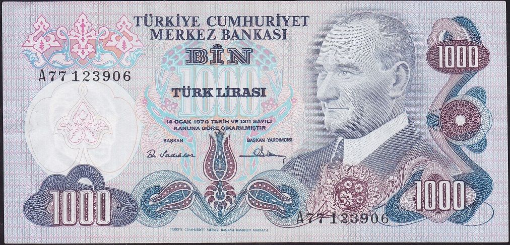 6.Emisyon 1.Tertip 1000 Lira A77 123906 Çok Temiz+