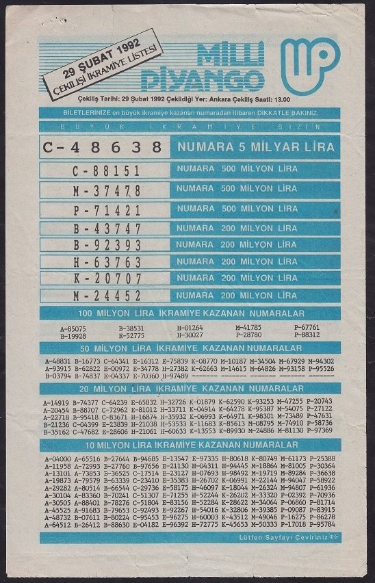 1992 29 ŞUBAT PİYANGO LİSTESİ