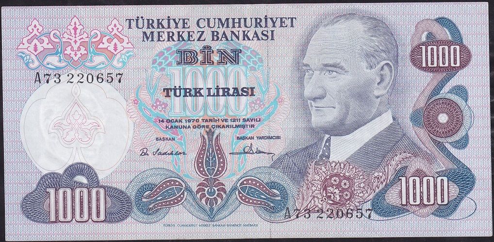 6.Emisyon 1.Tertip 1000 Lira A73 220657 Çok Temiz+