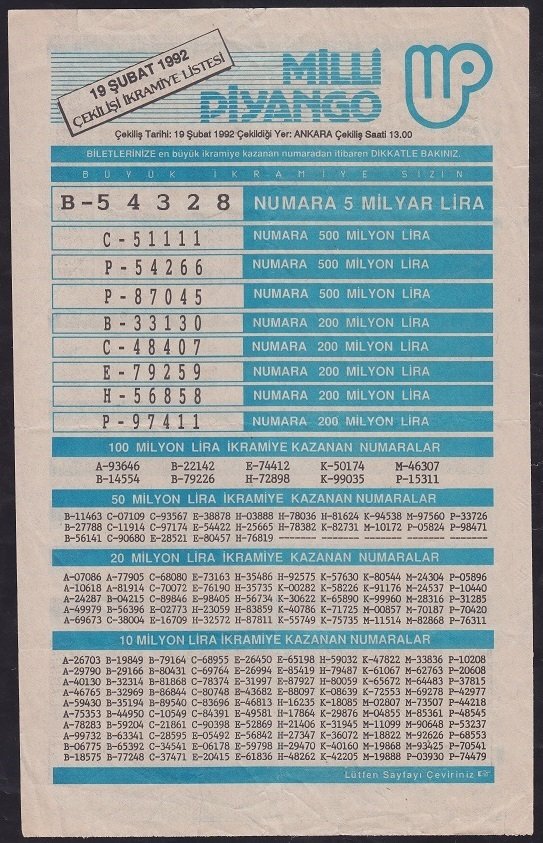 1992 19 ŞUBAT PİYANGO LİSTESİ