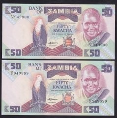 Zambia 50 Kwacha 1980 Çil Pick 28 - Seri Takipli 9899 - 9900