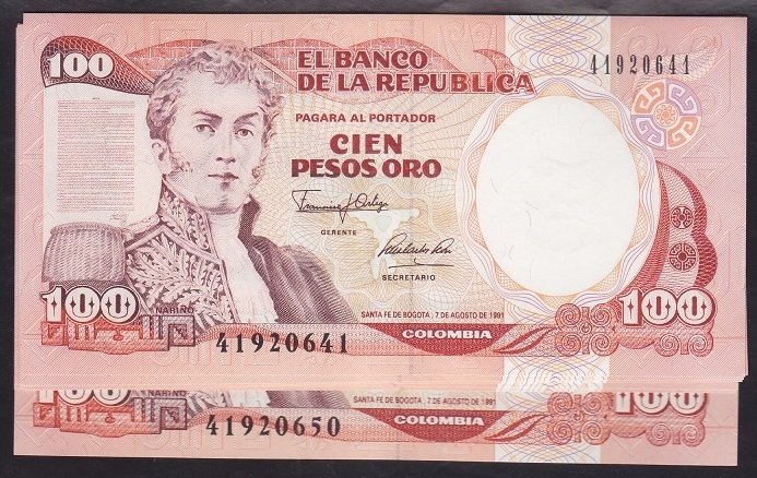 KOLOMBİYA 100 PESOS ORO 1991 ÇİL - 10 ADET SERİ TAKİPLİ